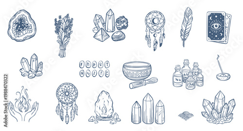 Mystical Esoteric Mega Vector Set. Hand-drawn icons featuring crystals, tarot, dreamcatchers, singing bowl, runes, salt lamp, and apothecary bottles. Ultimate boho magic collection for wellness.