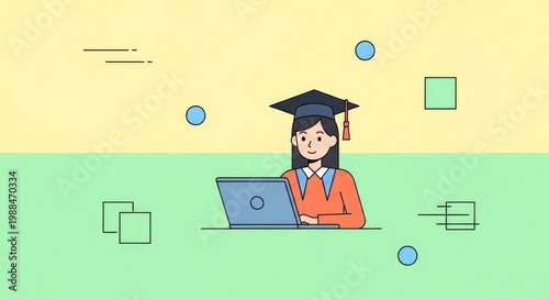 Young woman in graduation cap using laptop.