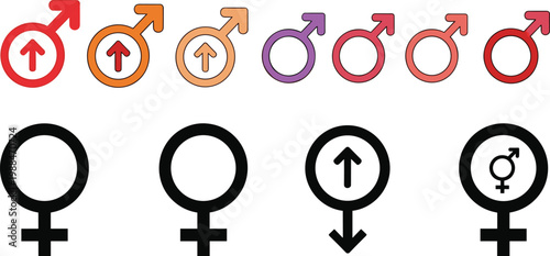 Colorful Male and Female Gender Symbol Set with Arrow Variations in Multiple Colors Flat Vector Illustration for Identity Design
