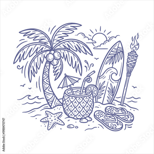 Tropical Beach Summer Vacation Hand Drawn Doodle Illustration