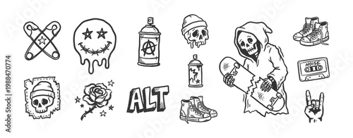 Grunge Punk Alternative Hand Drawn Illustration Set