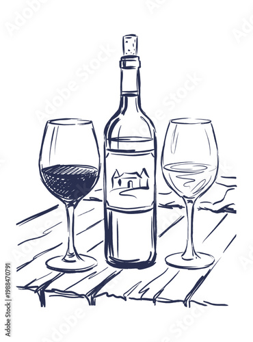Hand Drawn Wine Bottle and Glasses Sketch on Wooden Table