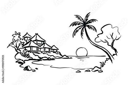 Hand Drawn Tropical Beach Landscape with Palm Trees and Resort Bungalows at Sunset