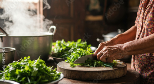 Elderly Vietnamese woman's hands meticulously preparing fresh herbs for traditional Phở broth in a rustic open-air kitchen at dawn