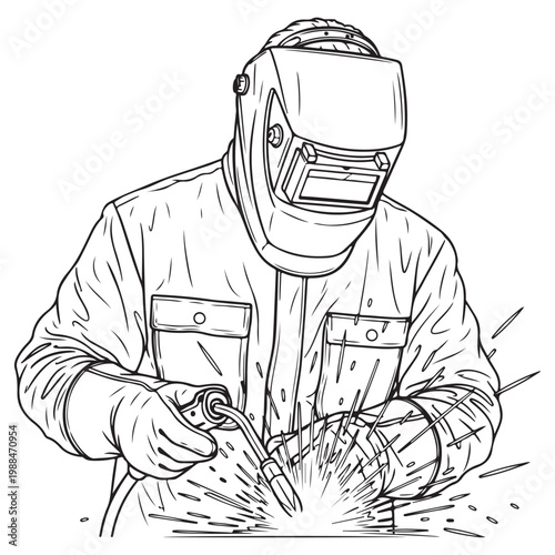 Welder in protective gear using a torch with sparks vector illustration for industrial coloring book or logo design