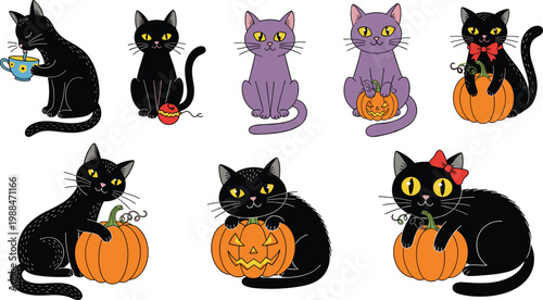 Cute Spooky Black and Purple Halloween Cats with Pumpkin Jack O Lantern Collection Flat Vector Illustration Set for Holiday Design