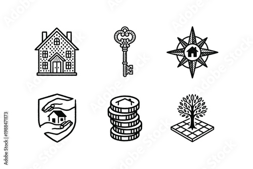 Real Estate and Property Icon Set in Hand-Drawn Vintage Style