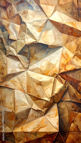 Geometric pattern of metallic, polygonal facets in warm golden hues