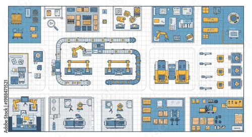 Industrial factory layout plan with machinery and equipment.