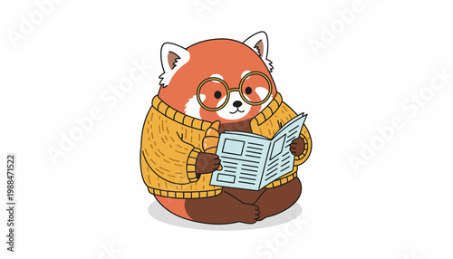 Adorable illustrated red panda wearing glasses and a sweater, engrossed in reading a newspaper, sitting cross-legged