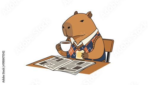 Cute capybara wearing a sweater vest, enjoying coffee and reading the newspaper at a desk, with a slice of toast