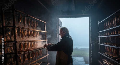 Weathered Scottish Artisan Tending Traditional Smoked Kippers in Misty Isle of Skye Smokehouse
