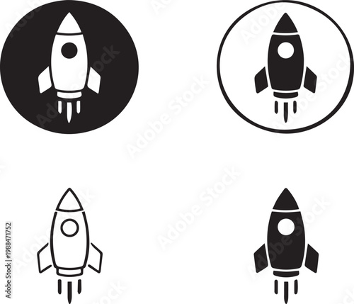 Set of Four Rocket Icons in Minimalist Styles