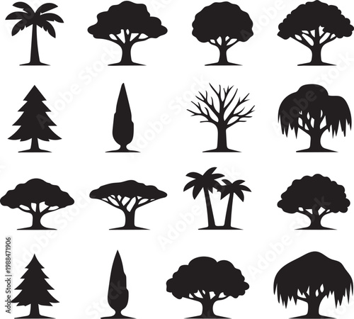 Set of Sixteen Tree Silhouettes in Diverse Shapes
