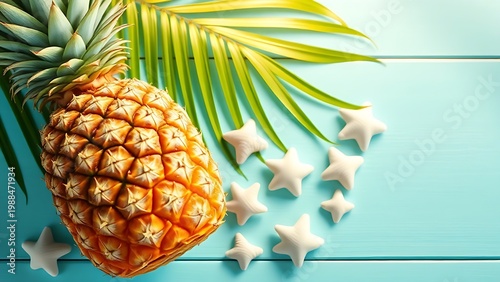 seashells. Tropical arrangement featuring a ripe pineapple and seashells on a mint blue wooden surface. menu design, packaging mockups, designed for food delivery and cloud-kitchen brand materials.