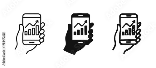 Hand holding smartphone with growth chart icon set, mobile business analytics