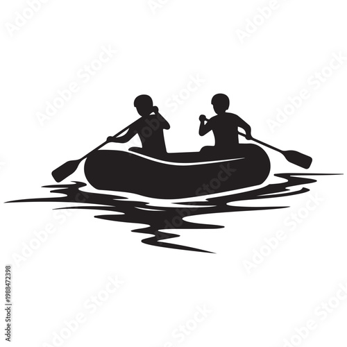 Black silhouette of two people paddling an inflatable boat on water vector illustration for outdoor adventure and rafting