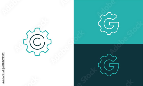 A collection of gear shaped logos with letters inside them