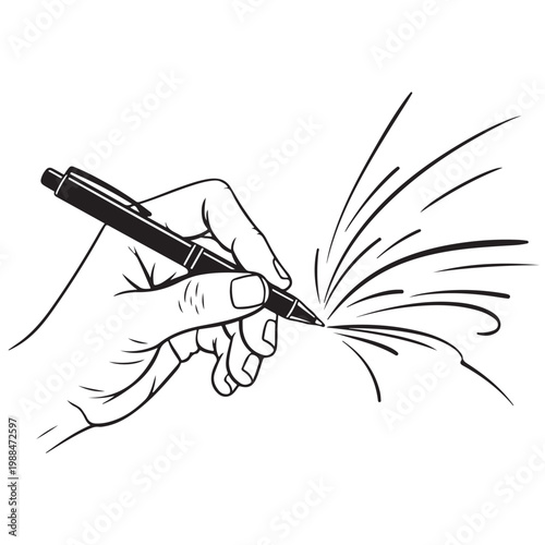 Hand holding a pen writing or drawing with dynamic lines vector illustration for business and creative concepts