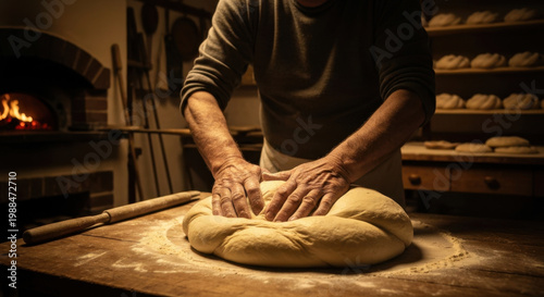 Elderly Alsatian Baker's Flour-Dusted Hands Kneading Traditional Kougelhopf Dough with Dramatic Oven Light