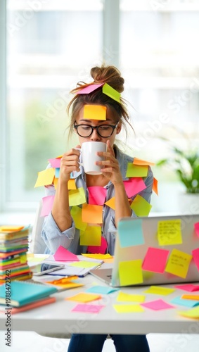 Overworked student surrounded by colorful sticky notes drinking coffee while studying with laptop and books, chaotic study routine concept showing multitasking learning pressure and academic stress