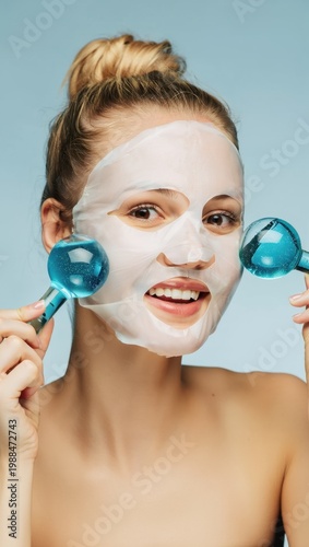 Young blonde woman, sheet mask face, ice globes skin icing routine, blue cooling globes, refreshing facial massage, home spa beauty treatment, natural glowing skin moisturizing wellness procedure care