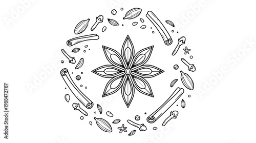 Hand-drawn illustration of star anise and various spices arranged in a circular pattern on a white background