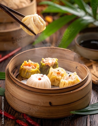 Steamed dumplings in a bamboo steamer with chopsticks