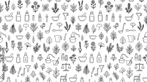 Hand drawn botanical elements and laboratory equipment forming a seamless pattern for natural medicine and science
