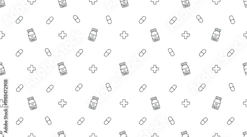 Seamless pattern of medical pills and pharmacy bottles with plus signs on a white background