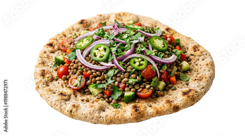 Lentil salad with onions, chili, and herbs served on rustic flatbread over white background
