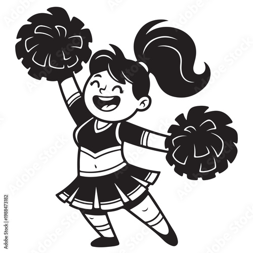 Happy cheerleader girl holding pom-poms and cheering in a black and white vector illustration mascot style