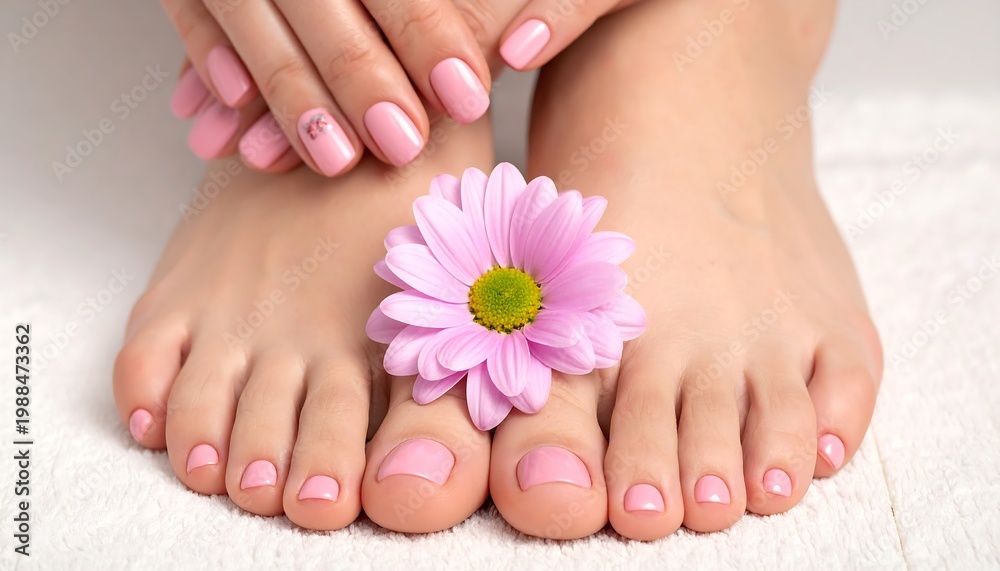 Fototapeta premium Womans feet with pink toenails flower.