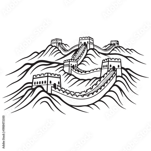 Great Wall of China vector illustration in black and white line art style featuring watchtowers and mountains for travel and history design