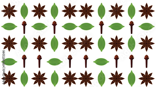 Seamless pattern of star anise, cardamom pods, and cloves arranged in a repeating decorative motif on white background