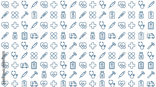 Seamless pattern of medical healthcare icons including stethoscopes, crosses, syringes, and heart symbols on a white