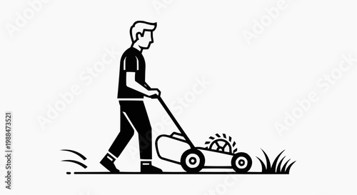 Minimalist Vector Illustration of a Man Mowing the Lawn