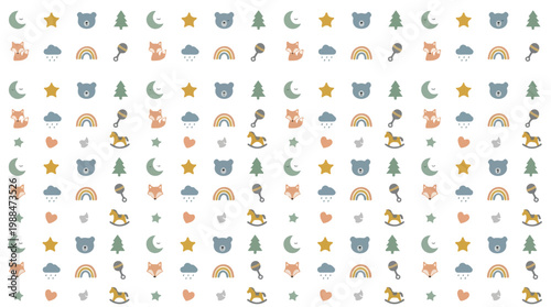Charming seamless pattern with cute baby icons like rocking horses, moons, stars, and clouds in soft pastel colors