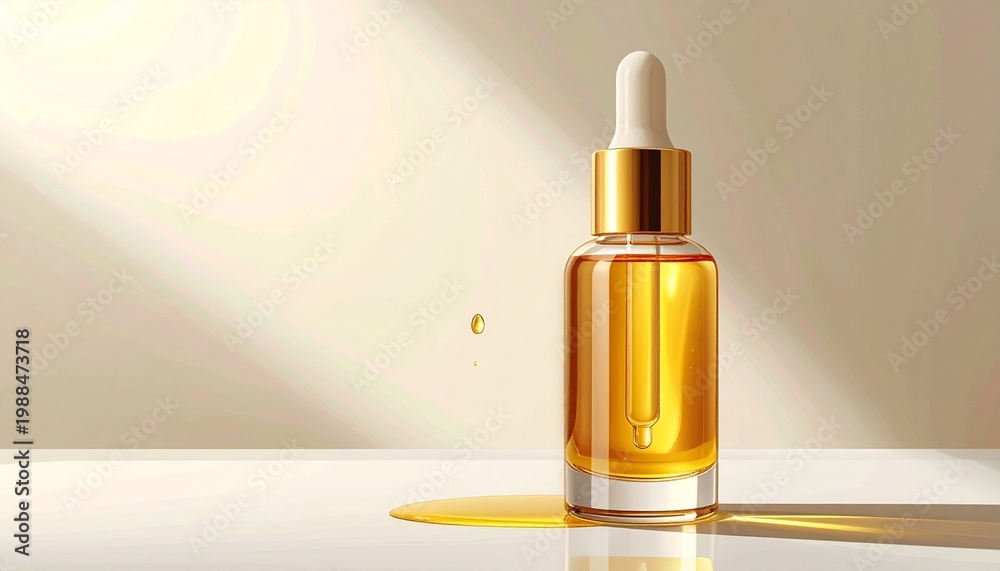 Fototapeta premium Golden serum dropper bottle with splash on white minimalist background