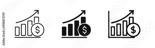 Financial growth and profit success icon set with rising bar chart and dollar coin in various styles
