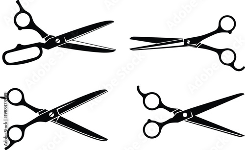 Black Silhouette Scissors Set in Various Styles and Positions Barber and Tailor Tool Flat Vector Illustration for Design Use
