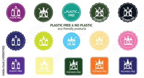 Plastic free eco friendly products icons and labels illustration