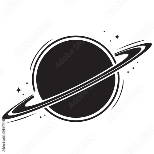 Minimalist black and white planet with rings and stars vector illustration icon for space and astronomy design