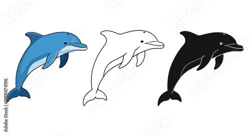 Dolphin vector illustrations in blue, black, and white colors