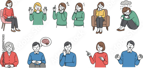 Diverse People Showing Various Emotions and Mental States Including Stress Anxiety Depression and Thinking Flat Vector Illustration Set