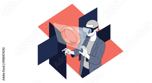 Man wearing VR headset interacting with holographic interface, exploring virtual reality and future technology
