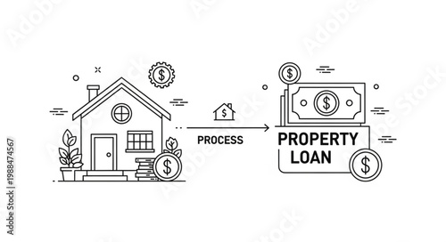 Property Loan Process Illustration with House and Money.