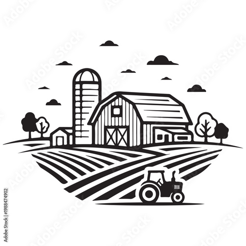 Minimalist farm landscape vector illustration featuring a barn silo and tractor in plowed fields for agricultural branding