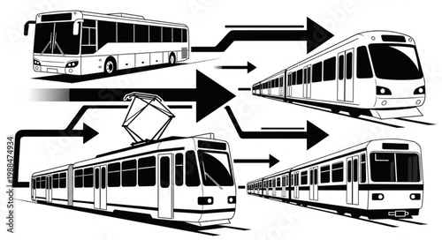 Public Transportation Network Diagram with Bus and Train Routes.