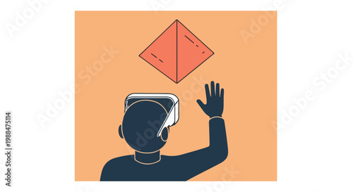 Person wearing a virtual reality headset interacting with a floating pyramid in an immersive digital world, exploring future technology.